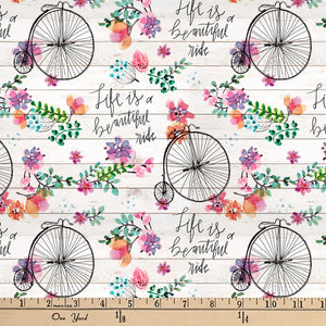 David Textiles Beautiful Ride Cream/Multi 100% Cotton Fabric sold by the yard