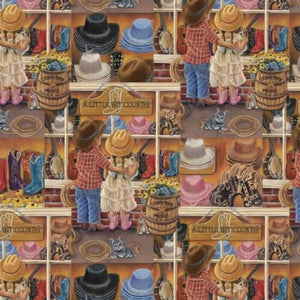 David Textiles Country Style Patch Boots & Hats Digital Premium Quality 100% Cotton Fabric by The Yard.