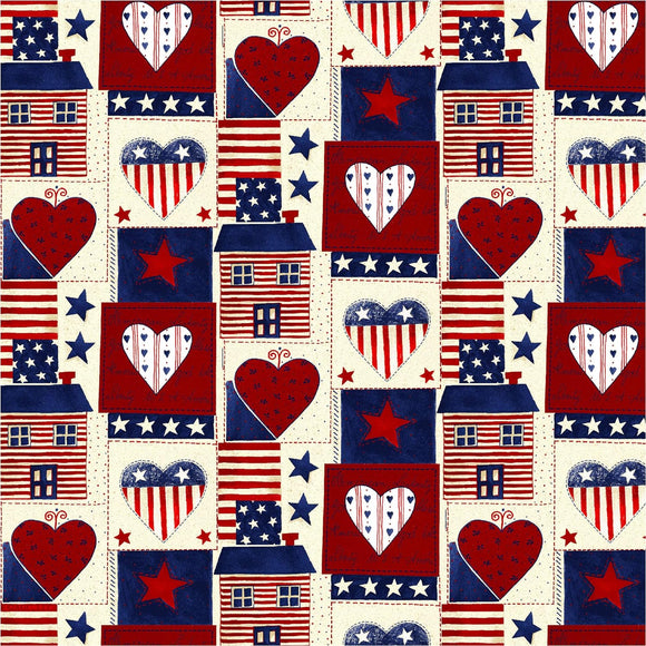David Textiles American Hearts Patchwork Fourth of July Patriotic Premium Quality 100% Cotton Fabric by The Yard.