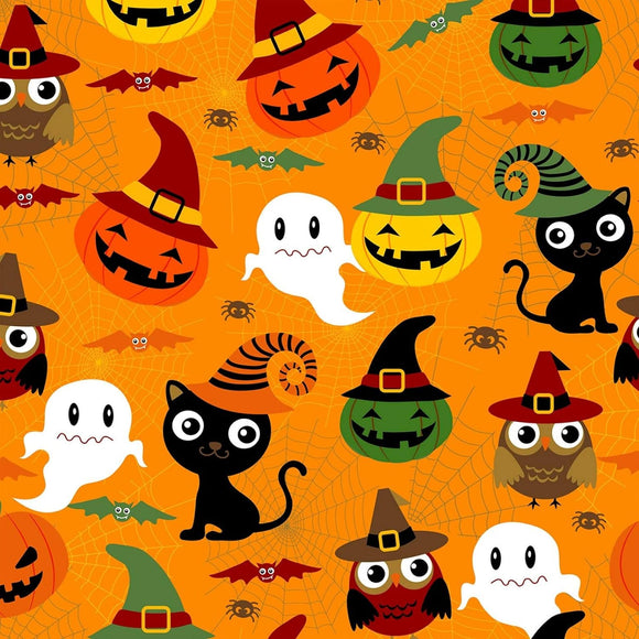 David Textiles Happy Halloween Adorable Spooks Cat Ghost Pumpkin Owl Orange Premium Quality 100% Cotton Fabric by The Yard.