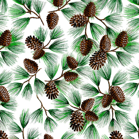 David Textiles Christmas Classic Pine Cones with Glitter White Premium Quality 100% Cotton Sold by The Yard.