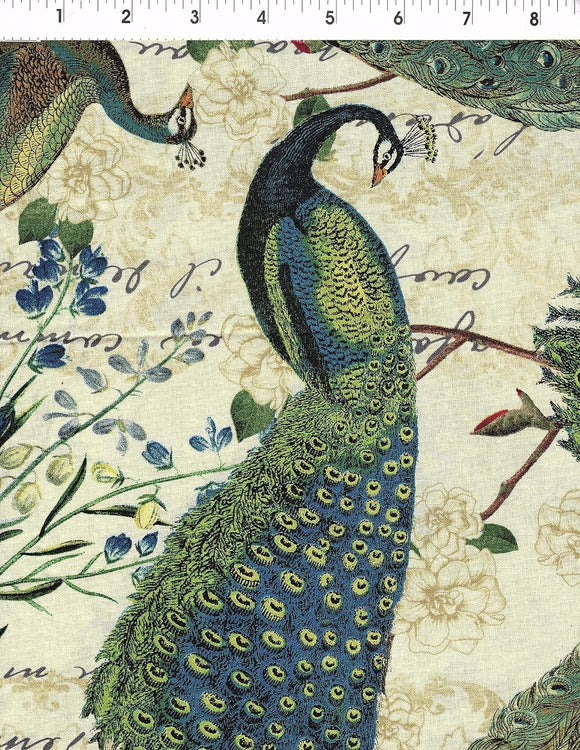 David Textiles French Peacock Arbor Beige 100% Cotton Fabric sold by the yard