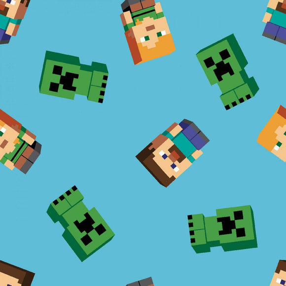Springs Creative Minecraft Friends Steve Alex & Creeper Tossed Blue 100% Cotton Fabric sold by the yard