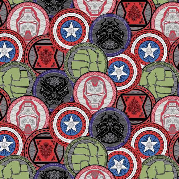 Springs Creative Marvel Avengers Coins Hulk Iron Man Black Panther Captain America Black Widow 100% Cotton Fabric sold by the yard