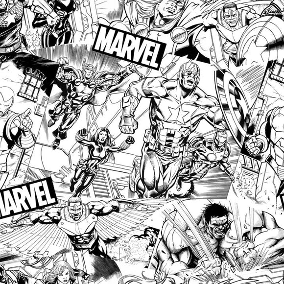 Springs Creative Marvel Avengers Sketch Black/White 100% Cotton Fabric sold by the yard