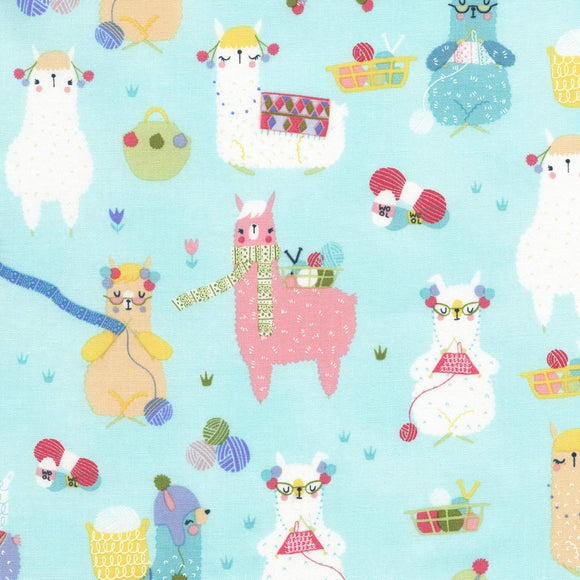 Timeless Treasures Knitting Alpacas Aqua Premium Quality 100% Cotton Fabric sold by the yard