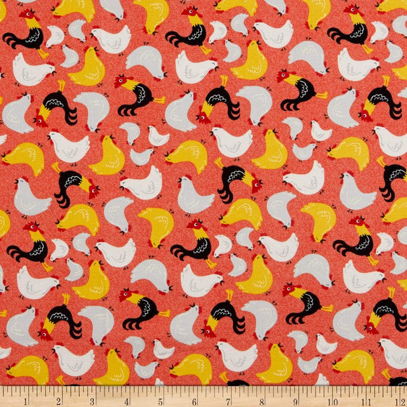 Timeless Treasures Farm Fun Tossed Roosters Coral Quilting 100% Cotton Fabric sold by the yard