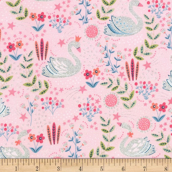 Timeless Treasures Metallic Plie Dainty Swans Pink 100% Cotton Fabric sold by the yard