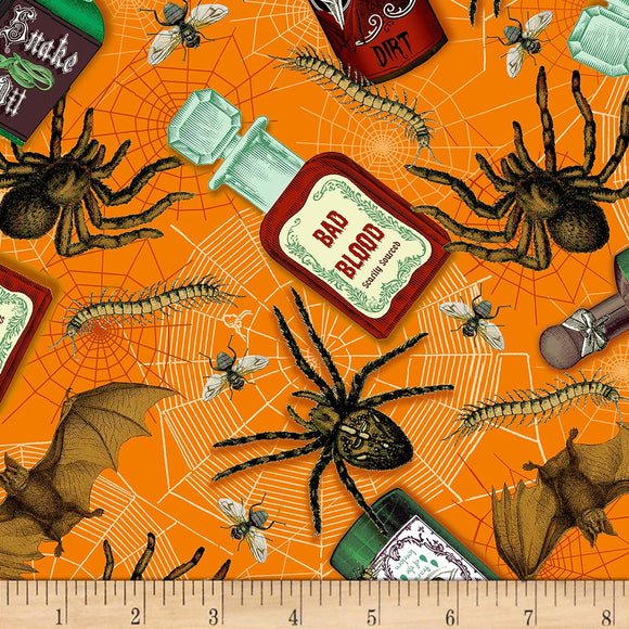 Timeless Treasures Bad Blood Poison Bottles Orange Quilting 100% Cotton Fabric sold by the yard
