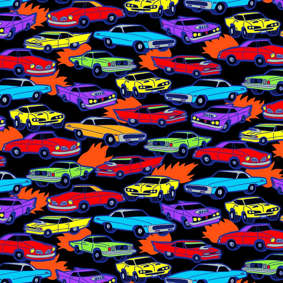 Timeless Treasures Bright Race Cars Black Premium Quality 100% Cotton Fabric sold by the yard
