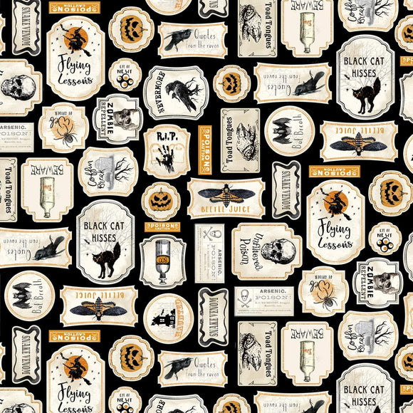 Timeless Treasures Antique Halloween Bad Blood Labels Premium Quality 100% Cotton Fabric sold by the yard