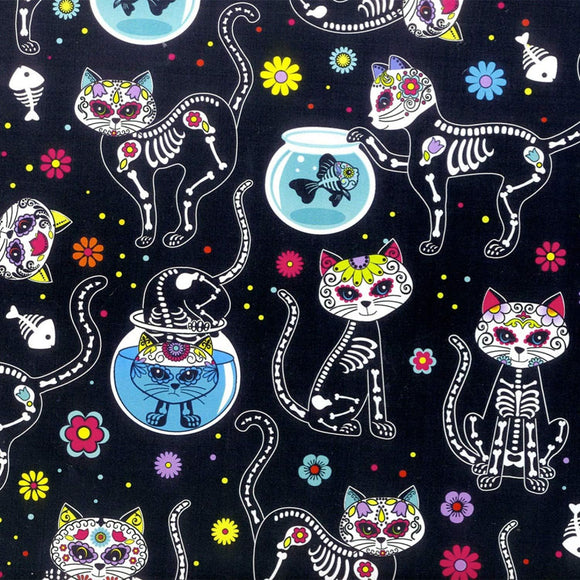 Timeless Treasures Day of The Dead Cat Skeletons & Fishbowls Black Premium Quality 100% Cotton Fabric sold by the yard