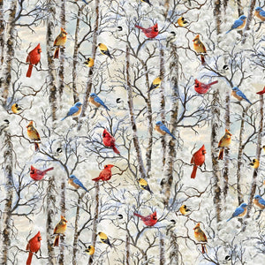 Timeless Treasures White Winter Birds Cardinals Premium Quality 100% Cotton Fabric sold by the yard