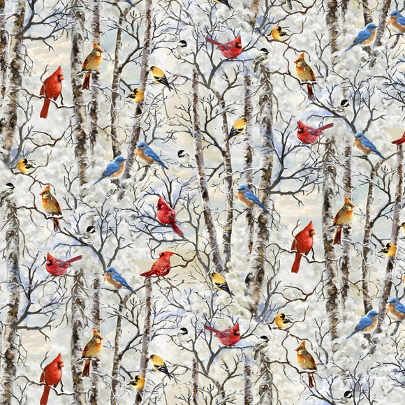 Timeless Treasures White Winter Birds Cardinals Premium Quality 100% Cotton Fabric sold by the yard