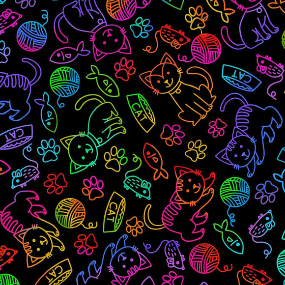 Timeless Treasures Cat & Mouse Rainbow Outline Bright Colored Black Premium Quality 100% Cotton Fabric sold by the yard