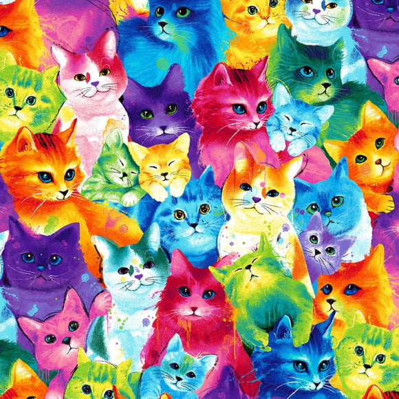 Timeless Treasures Rainbow Painted Bright Cats Multicolor Premium Quality 100% Cotton Fabric sold by the yard