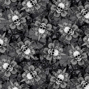 Timeless Treasures Last Dance Tossed Skull Fleur De Lis Black 100% Cotton Fabric sold by the yard