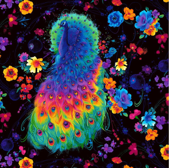 Timeless Treasures Rainbow Peacocks & Flowers Black Premium Quality 100% Cotton Fabric sold by the yard