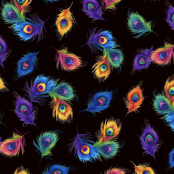 Timeless Treasures Rainbow Peacock Feathers Tossed Black 100% Cotton Fabric sold by the yard