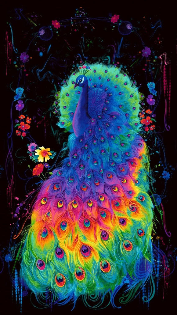 Timeless Treasures Glow Rainbow Peacock Black 24x43
