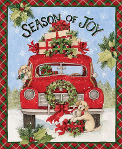 Springs Creative Red Truck Season of Joy Puppies Gifts 36 x 44 inches Panel by Susan Winget SC-69113 100% Cotton Fabric sold by the panel