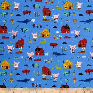 Timeless Treasures "Huff & Puff Pigs" Quilt Fabric, Blue 100% Cotton Fabric sold by the yard