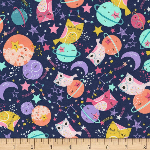 Timeless Treasures Owls On Planets Midnight Quilt 100% Cotton Fabric sold by the yard