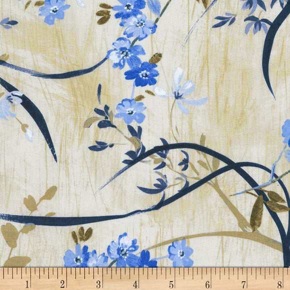 Timeless Treasures Fields Of Blue Flowers And Branches Natural Quilt 100% Cotton Fabric sold by the yard