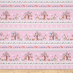 Timeless Treasures 0538463 Storybook Forest Bunny/Deer/Flower Stripe Pink 100% Cotton Fabric sold by the yard