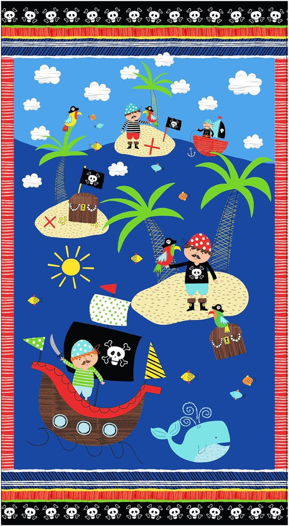 Timeless Treasures Treasure Island 24x43in Pirate Panel Blue 100% Cotton Fabric sold by the panel