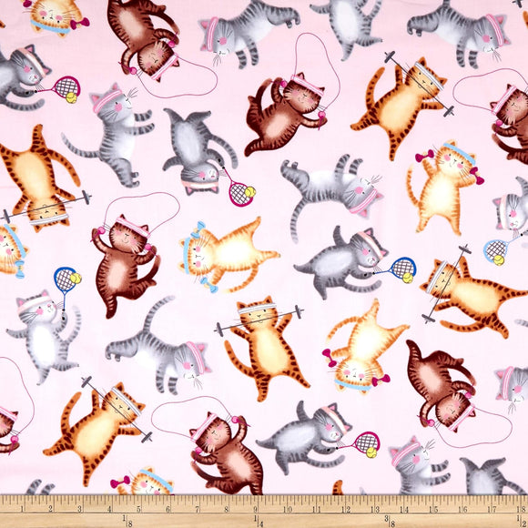 Timeless Treasures Cat Crazy Workout Cats Quilt Fabric, Pink, Quilt 100% Cotton Fabric sold by the yard