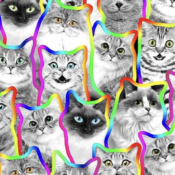 Timeless Treasures Black & White Cats Neon Outline Premium Quality 100% Cotton Fabric sold by the yard