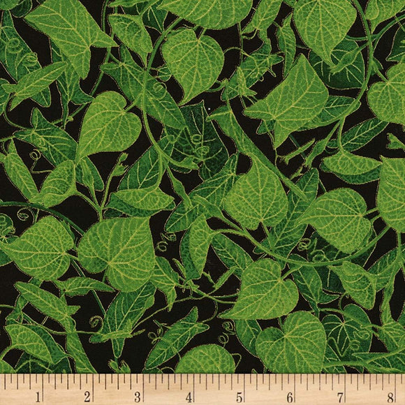 Timeless Treasures Metallic Cottage Grove Leaves & Vines Pine 100% Cotton Fabric sold by the yard