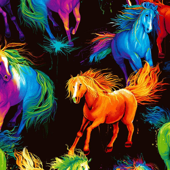 Timeless Treasures Painted Black Horses Tossed Digital Black/Multicolor Premium Quality 100% Cotton Fabric sold by the yard