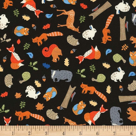 Timeless Treasures Camp Bear Tossed Forest Animals Quilt Black 100% Cotton Fabric sold by the yard
