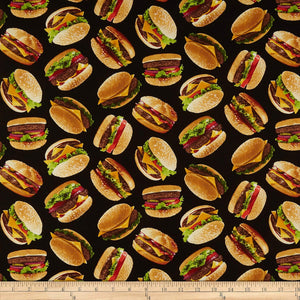 Timeless Treasures Mom's Diner Tossed Burgers Black, 100% Cotton Fabric sold by the yard