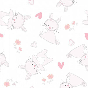 Springs Creative Tossed Cute Bunnies and Hearts Flowers White 100% Cotton Fabric