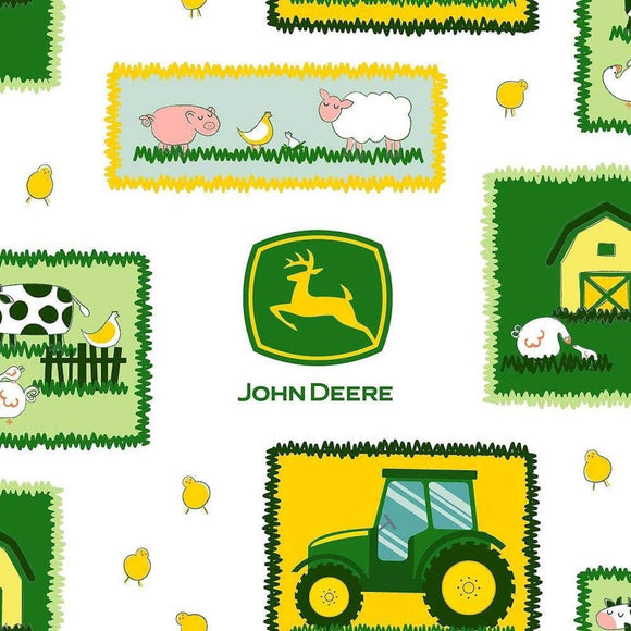Springs Creative John Deere Tractor Patches Farm White 100% Cotton Fabric
