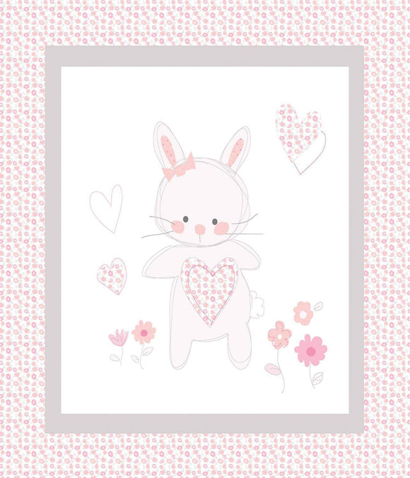 Springs Creative Floral Bunny Love Flowers Hearts White 100% Cotton Fabric 35 inch Panel
