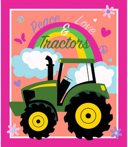 Springs Creative John Deere Peace and Love Tractors Pink 100% Cotton Fabric 35 inch Panel