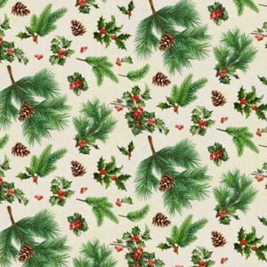 Springs Creative Christmas Merry Deer Holly Cream 100% Cotton Fabric