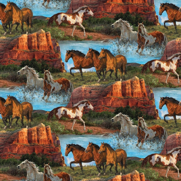 Springs Creative Wild Wings Horse River Edge Scenic Multicolor 100% Cotton Fabric