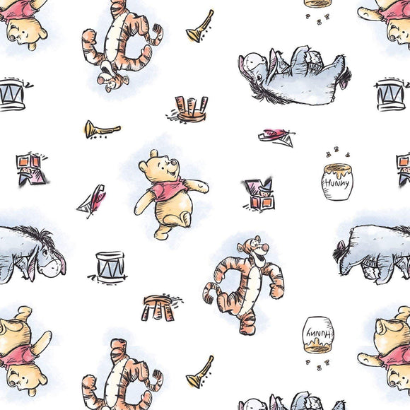 Springs Creative Disney Winnie The Pooh Friends Toss White 100% Cotton Fabric